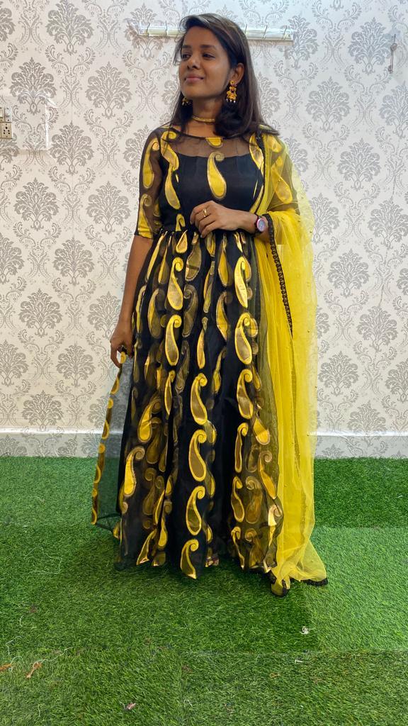 Golden yellow and black organza party wear salwar - Threads