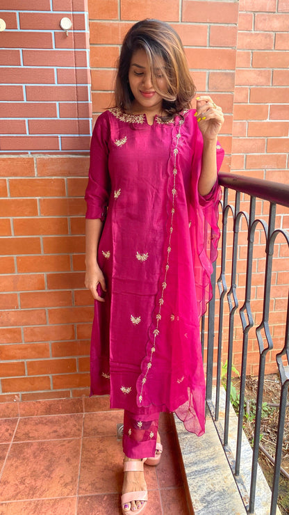 Wine silk hand made embroidery kurti 3 piece set - Threads