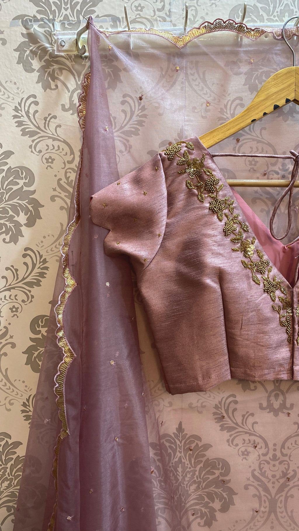 Onion pink silk heavy V shaped hand worked blouse - Threads