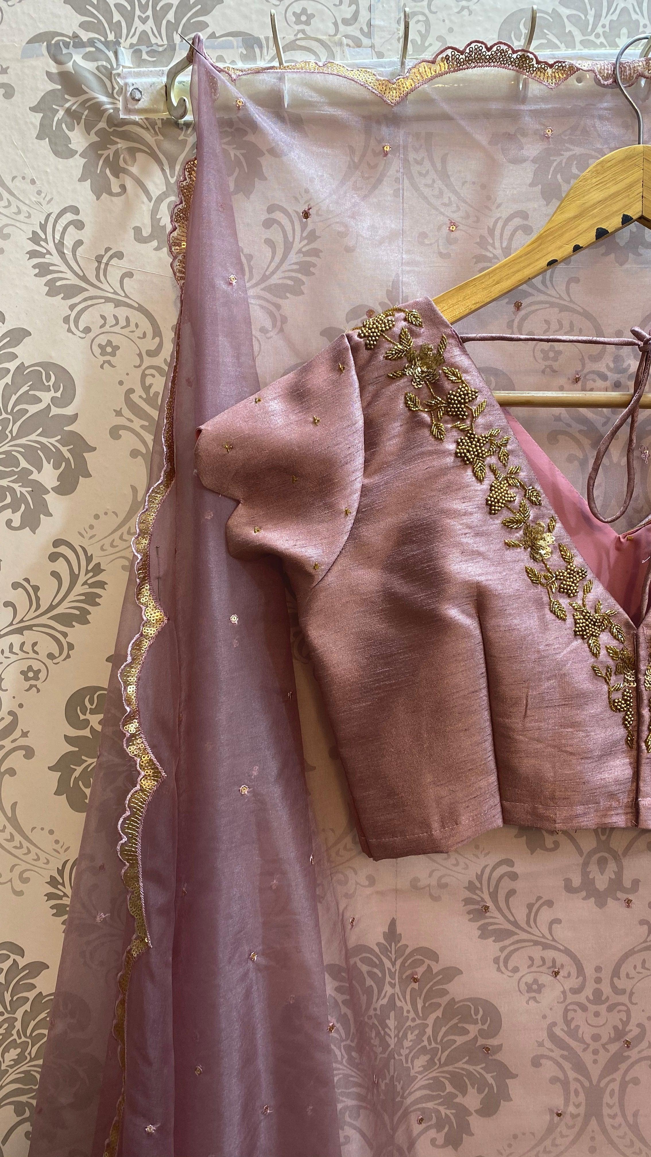 Onion pink silk heavy V shaped hand worked blouse - Threads