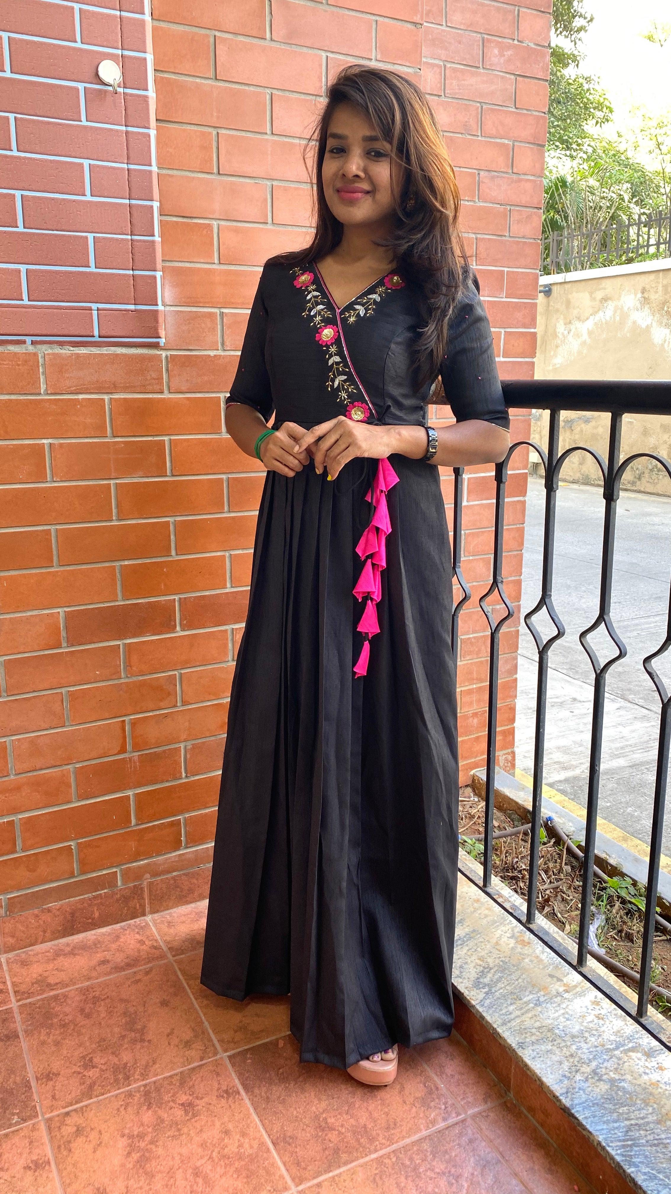 Black silk V neck handworked dress - Threads