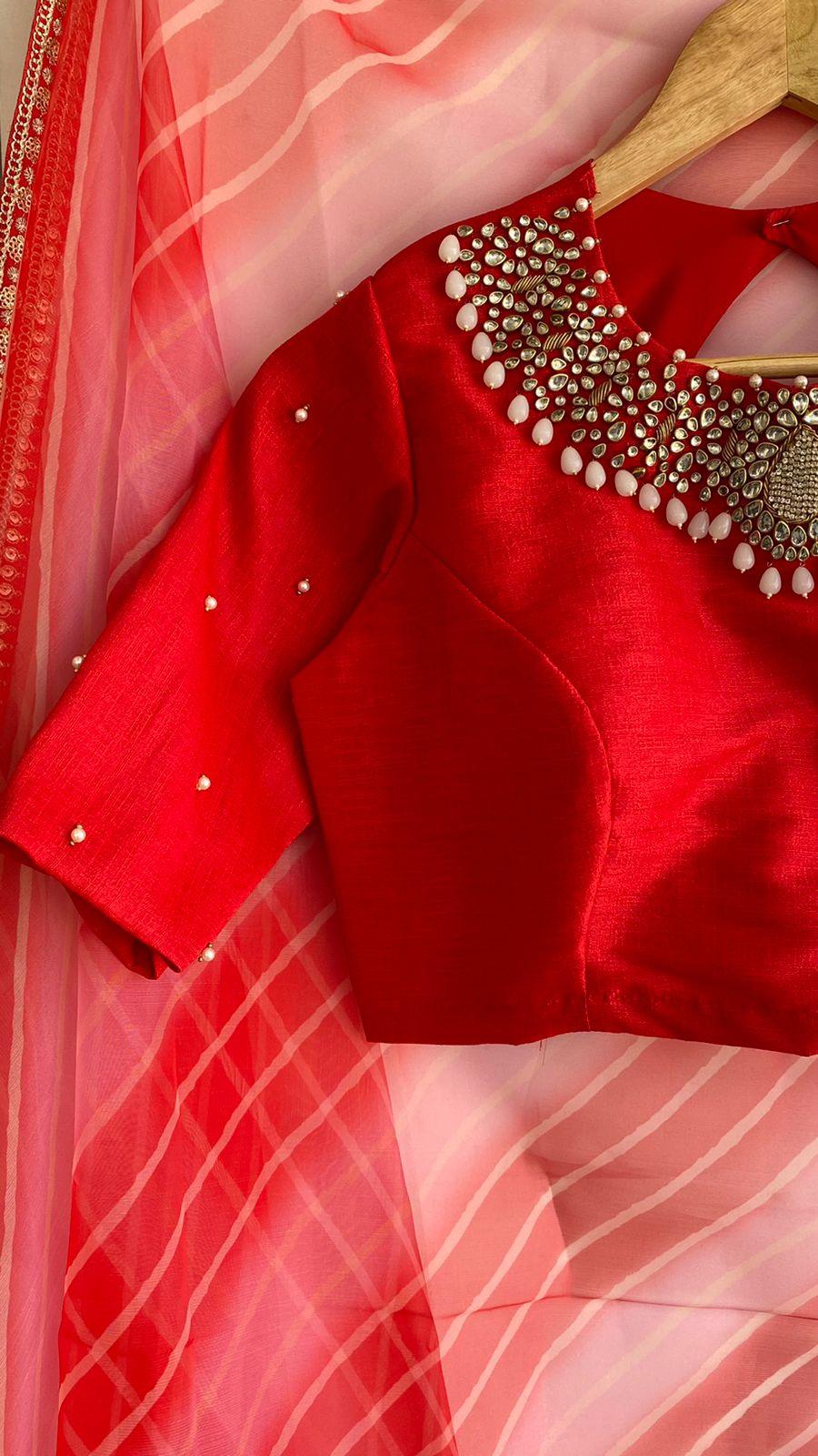 Hand worked Red Jewel Neck Blouse - Threads
