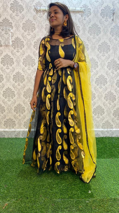 Golden yellow and black organza party wear salwar - Threads