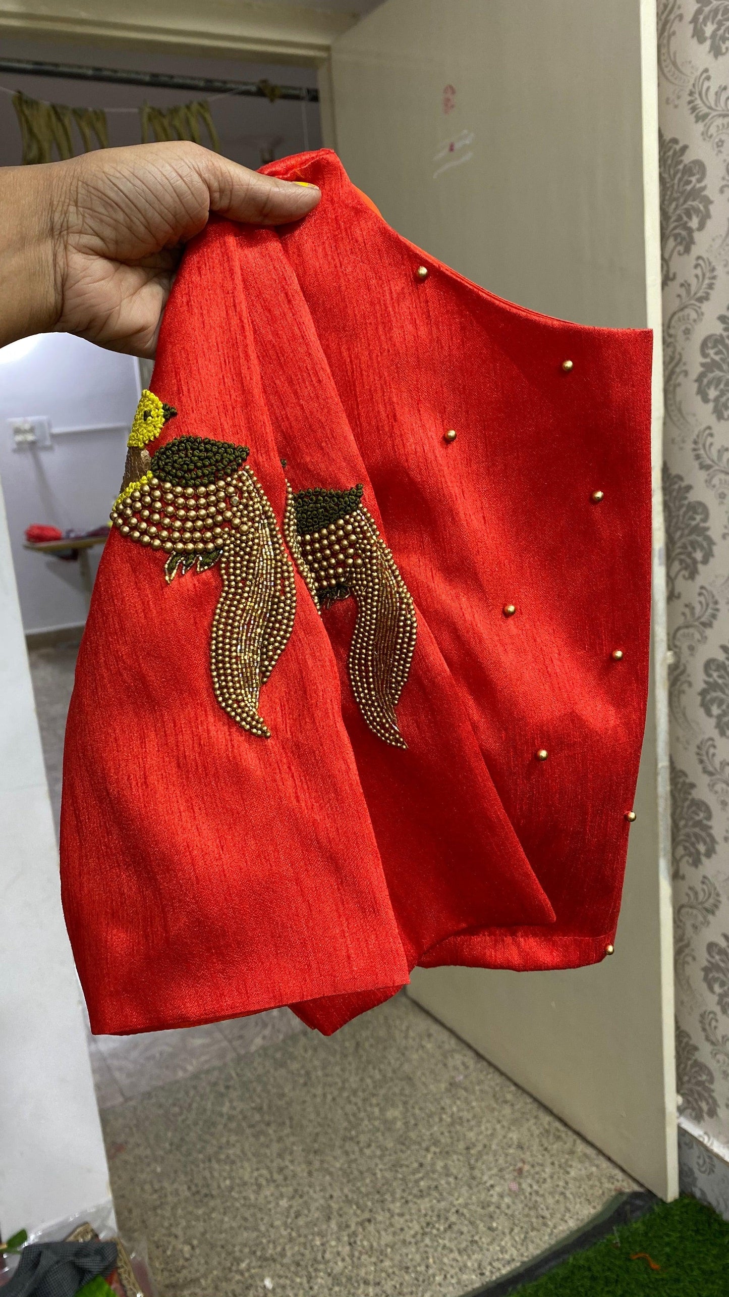 Red silk hand worked ready made blouse - Threads