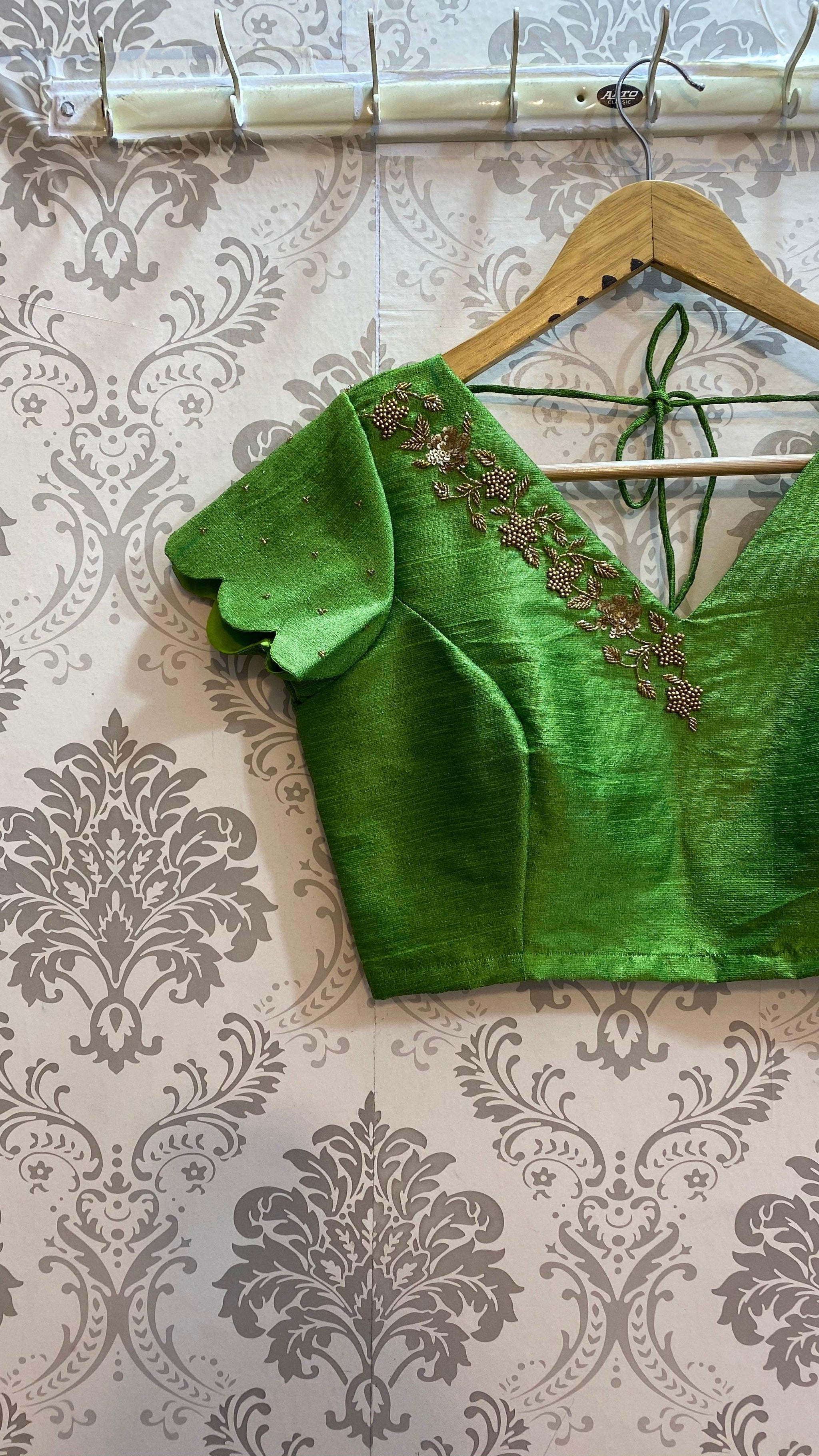 Green Silk Handworked V neck blouse and scalloped sleeves. – Threads