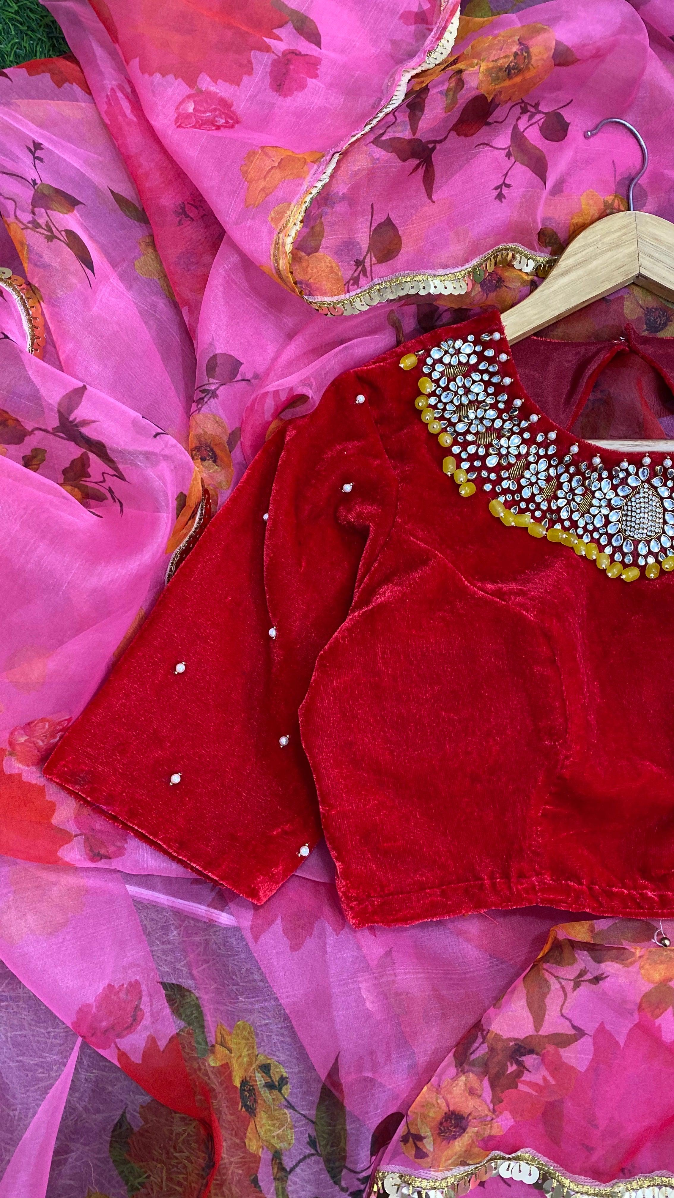Red velvet blouse with heavy handmade jewel neck - Threads