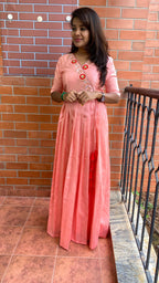 Peach silk Full handworked V neck salwar Dress - Threads