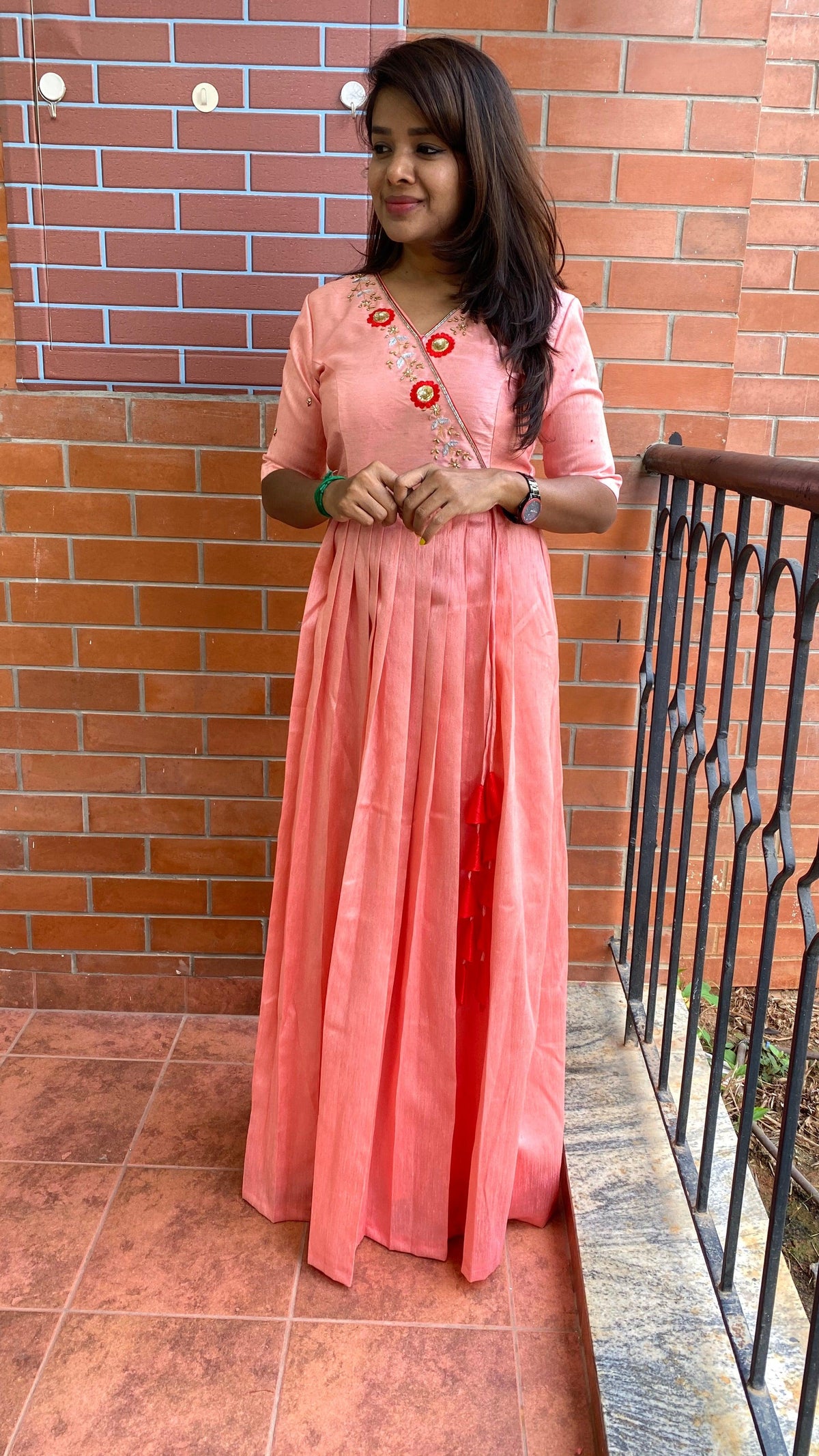 Peach silk Full handworked V neck salwar Dress - Threads