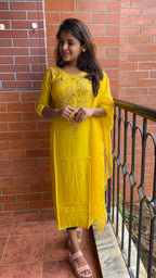 Yellow Heavy Zari and pearl handwork top and Duppata kurti set - Threads