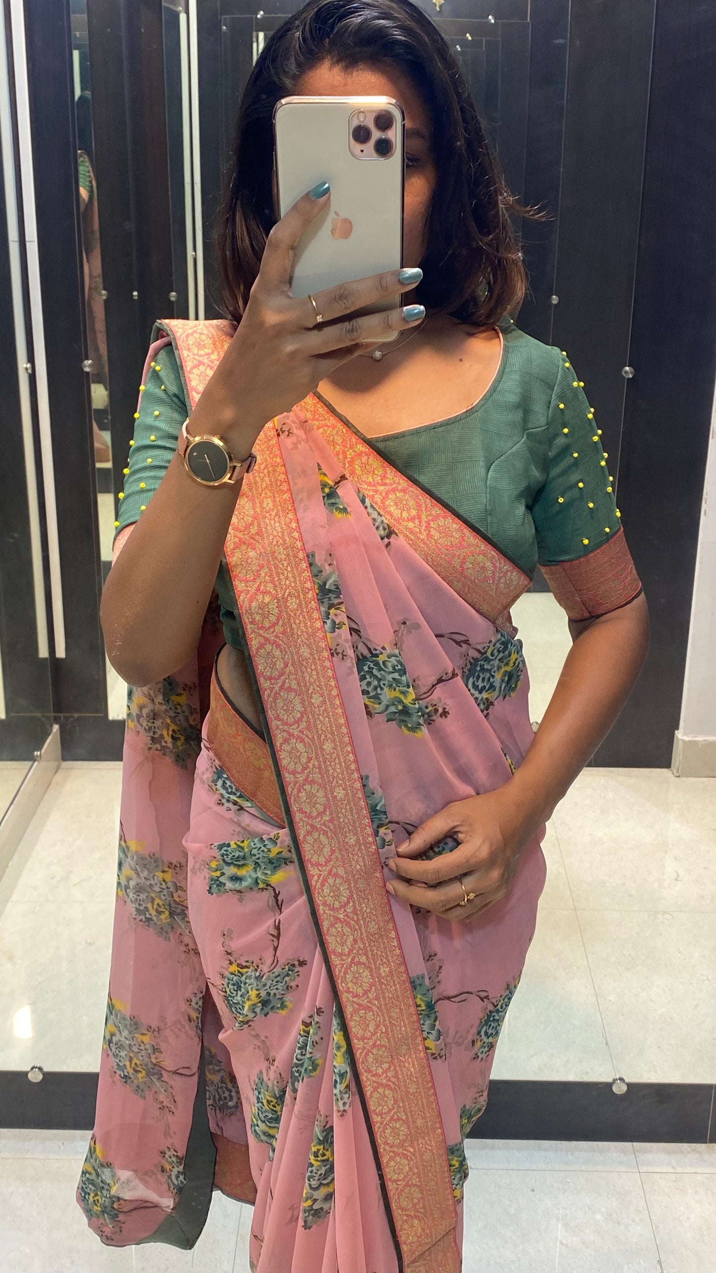 Onion pink floral saree with green blouse - Threads