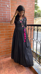 Black silk V neck handworked dress - Threads