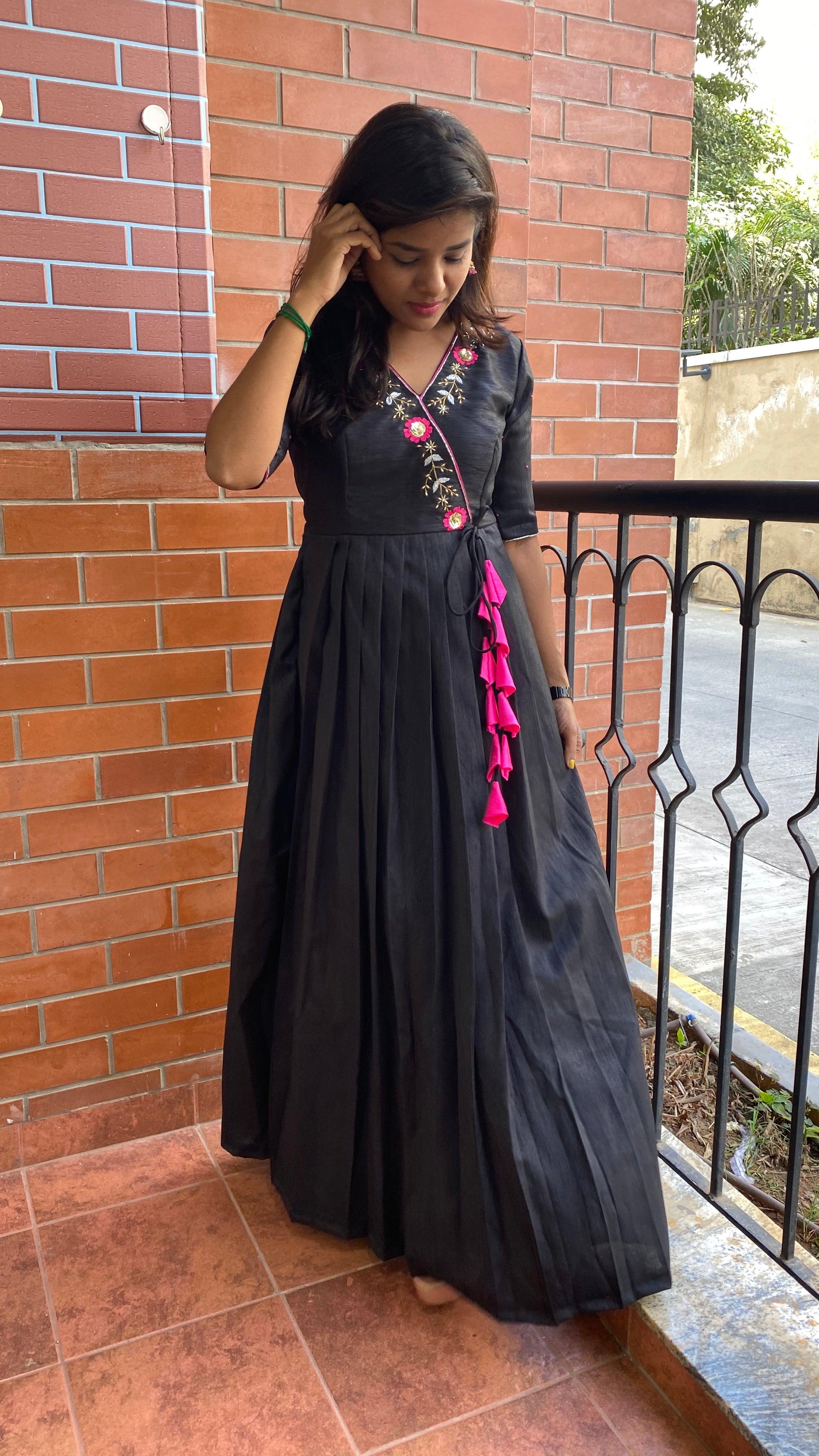 Black silk V neck handworked dress - Threads