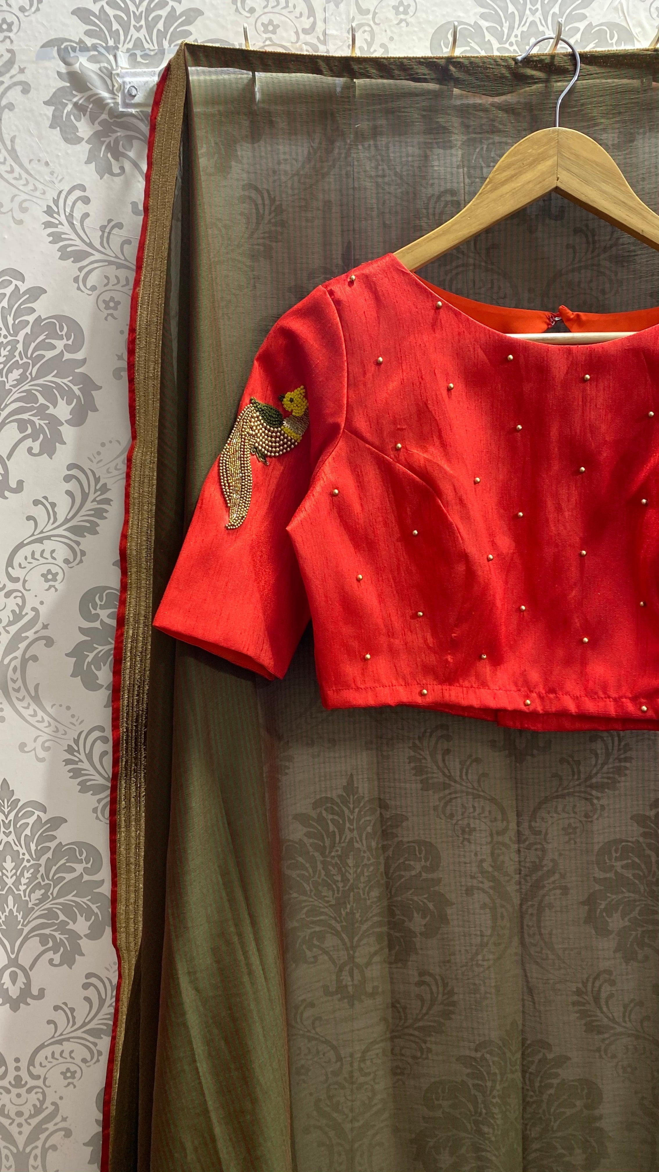 Red silk hand worked ready made blouse - Threads