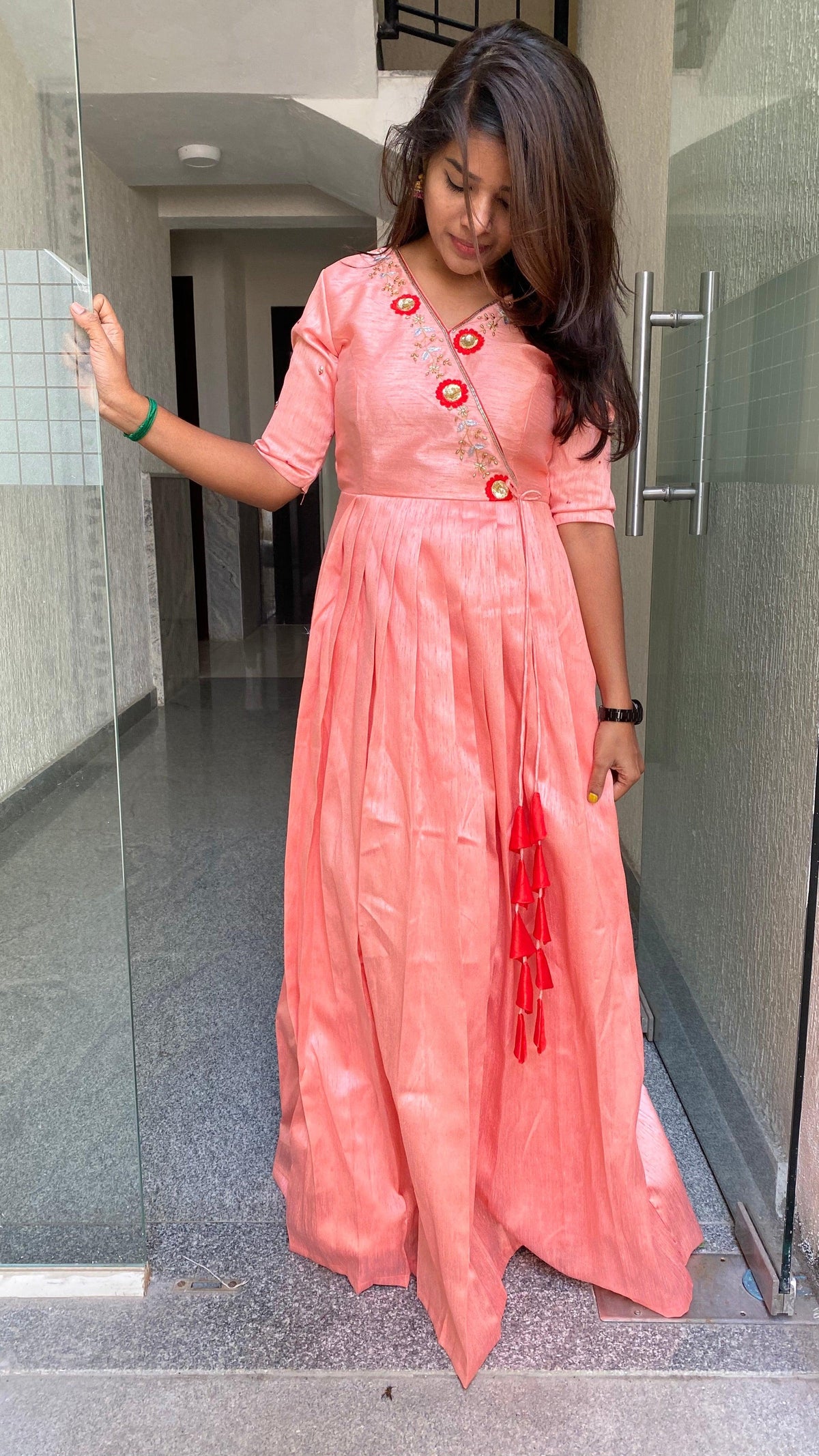 Peach silk Full handworked V neck salwar Dress - Threads