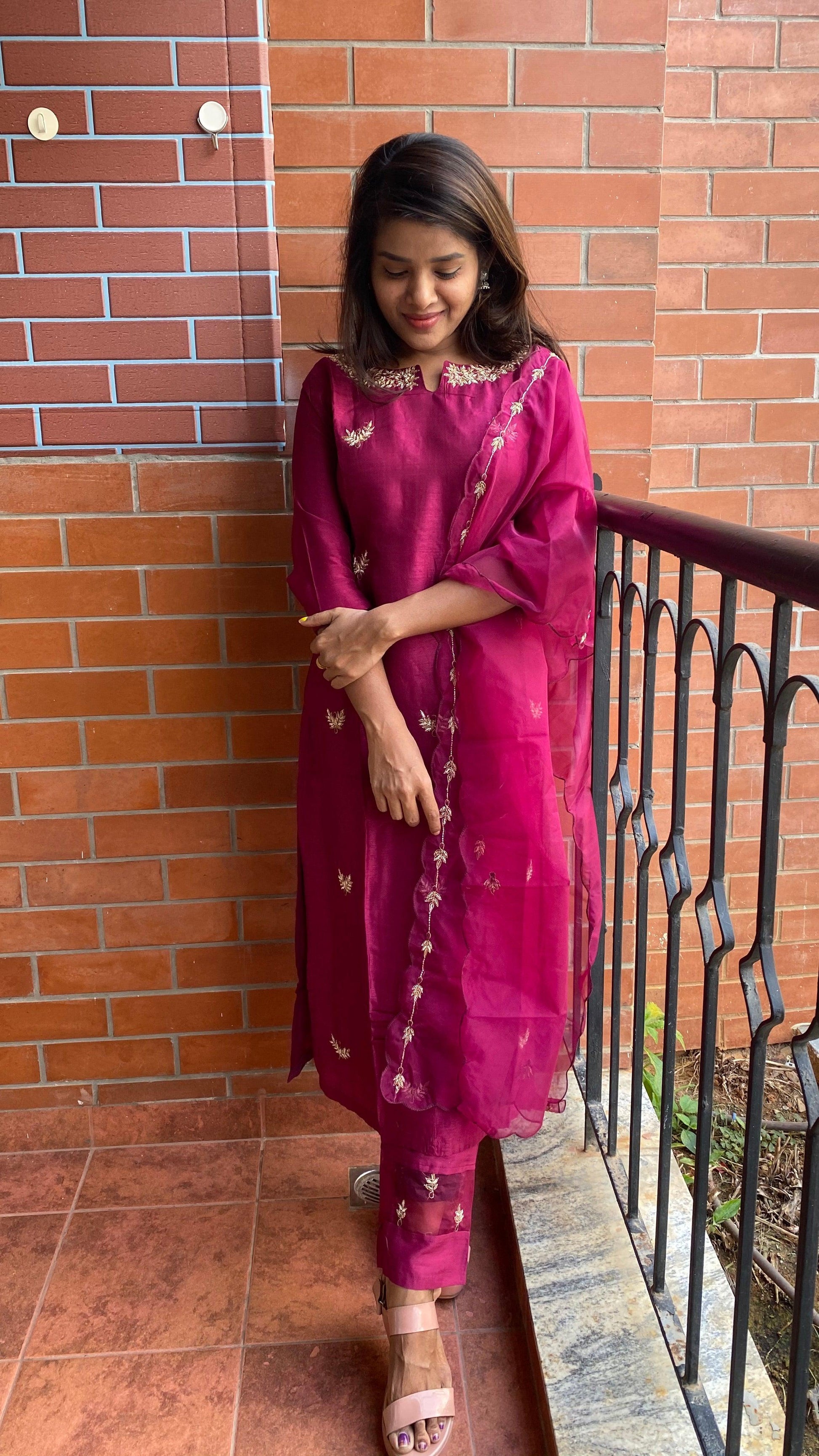 Wine silk hand made embroidery kurti 3 piece set - Threads