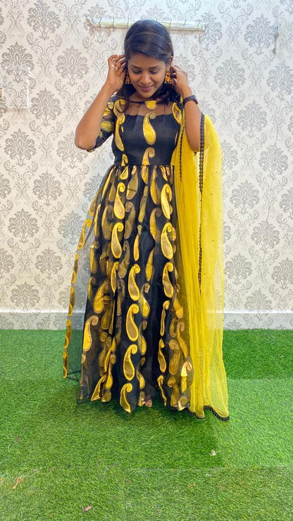 Golden yellow and black organza party wear salwar - Threads