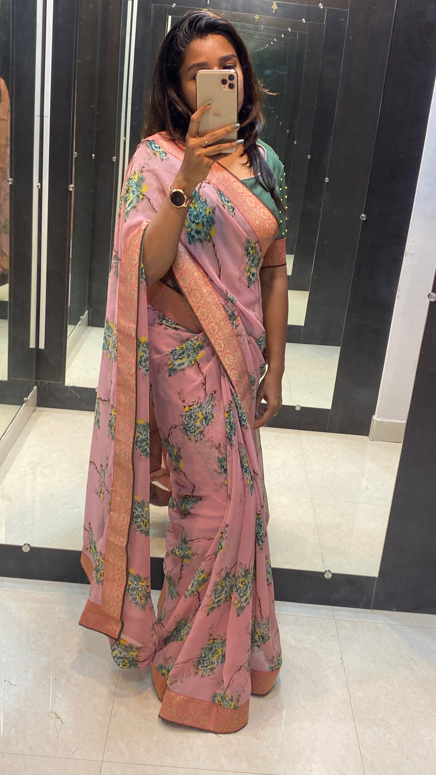 Onion pink floral saree with green blouse - Threads