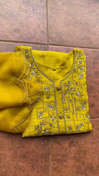 Yellow Heavy Zari and pearl handwork top and Duppata kurti set - Threads