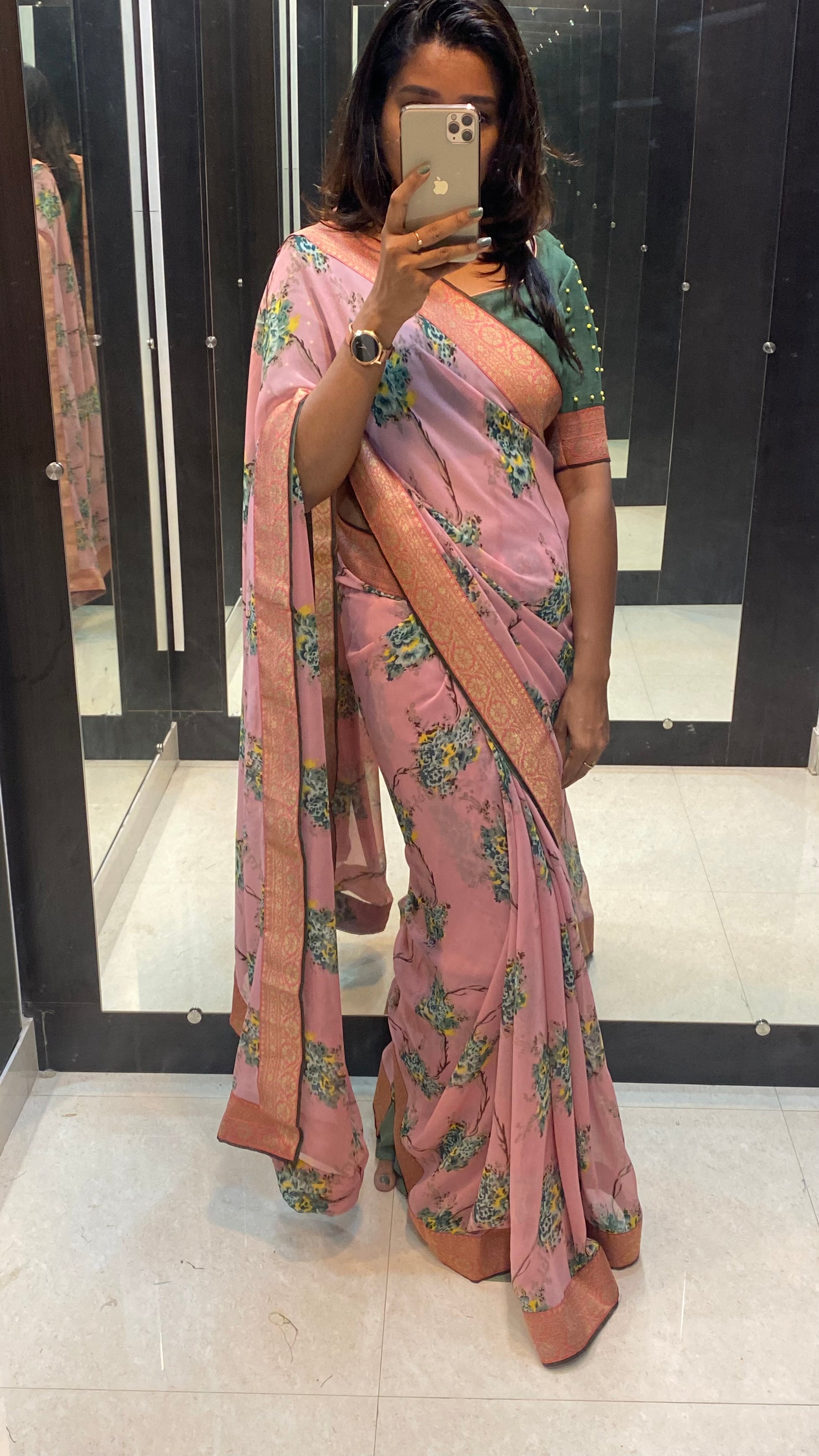 Onion pink floral saree with green blouse - Threads