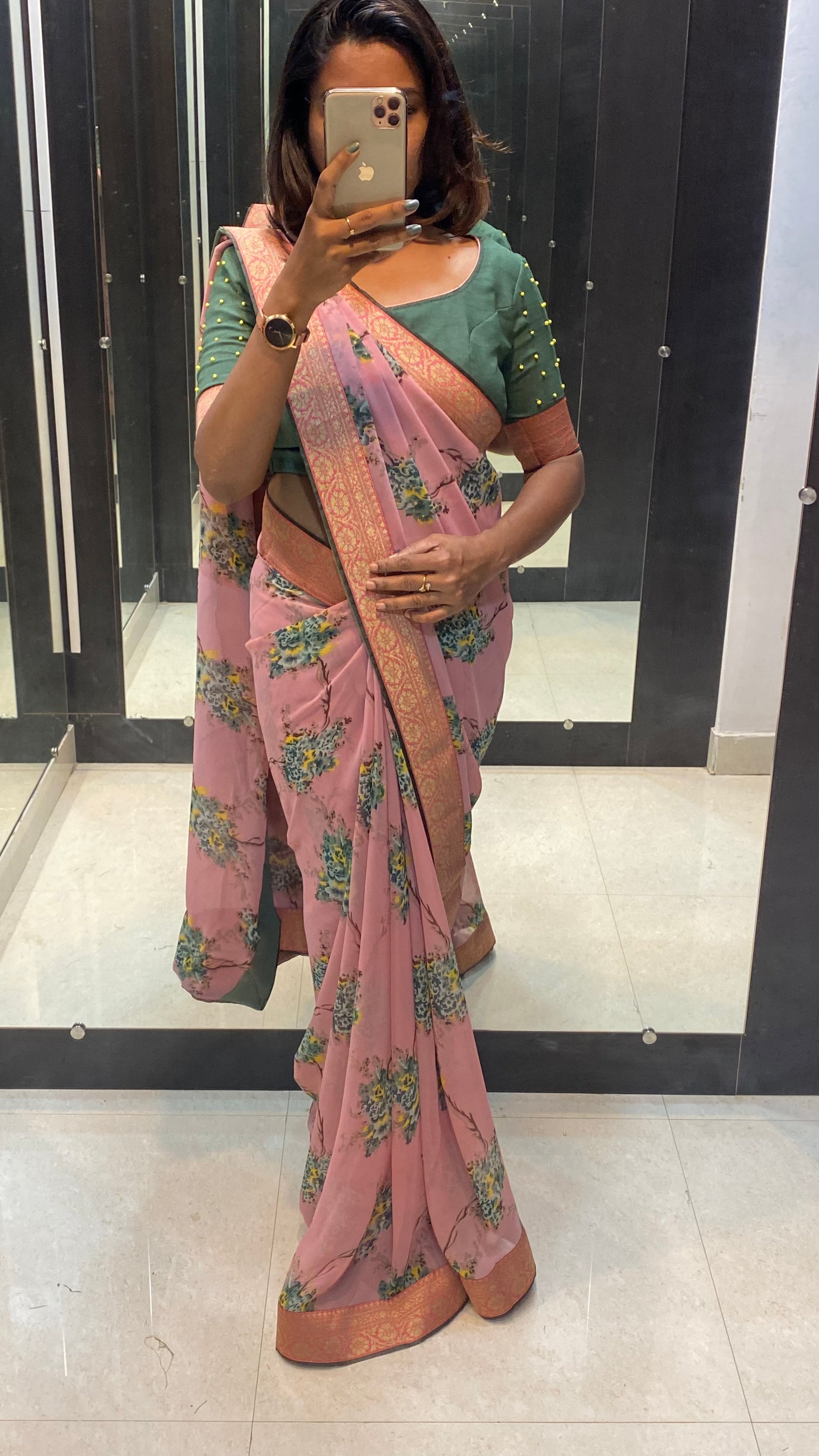 Onion pink floral saree with green blouse - Threads