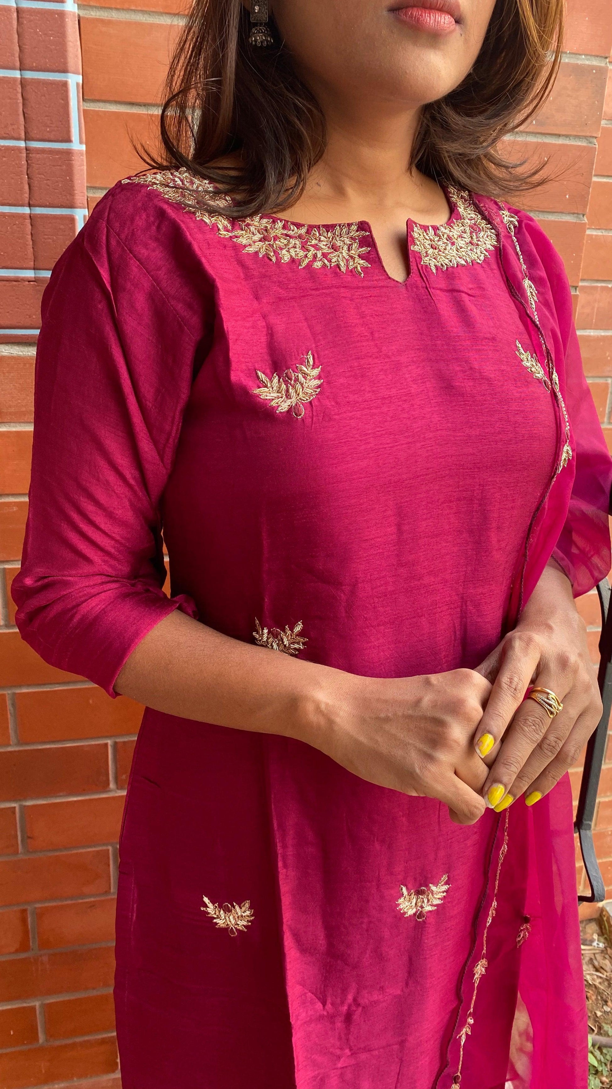 Wine silk hand made embroidery kurti 3 piece set - Threads