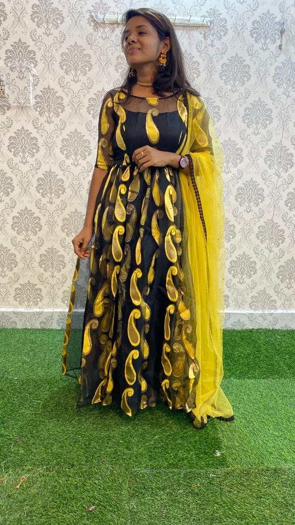 Golden yellow and black organza party wear salwar - Threads