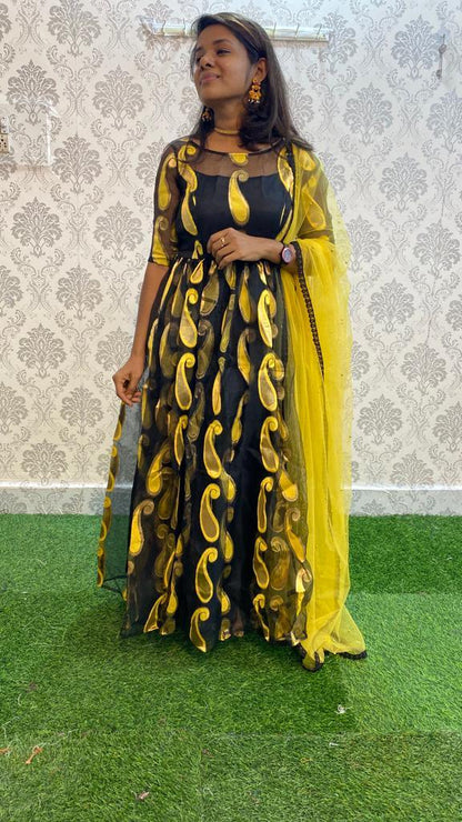 Golden yellow and black organza party wear salwar - Threads