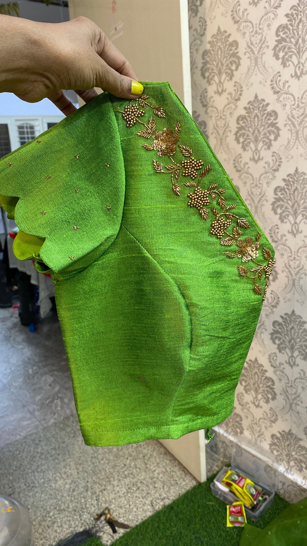 New Silk Handworked V neck  blouse and scalloped sleeves. - Threads