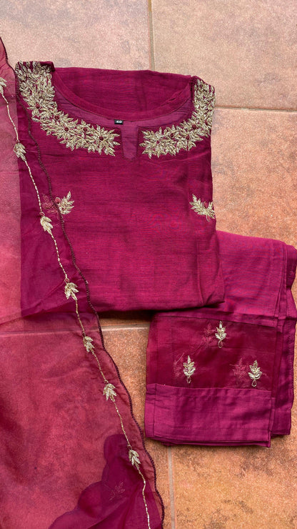 Wine silk hand made embroidery kurti 3 piece set - Threads