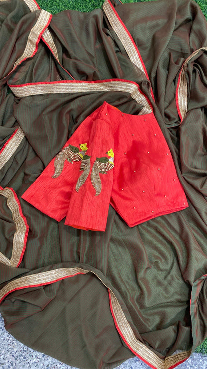 Red silk hand worked ready made blouse - Threads