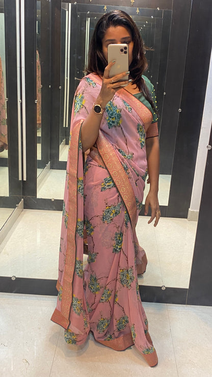 Onion pink floral saree with green blouse - Threads