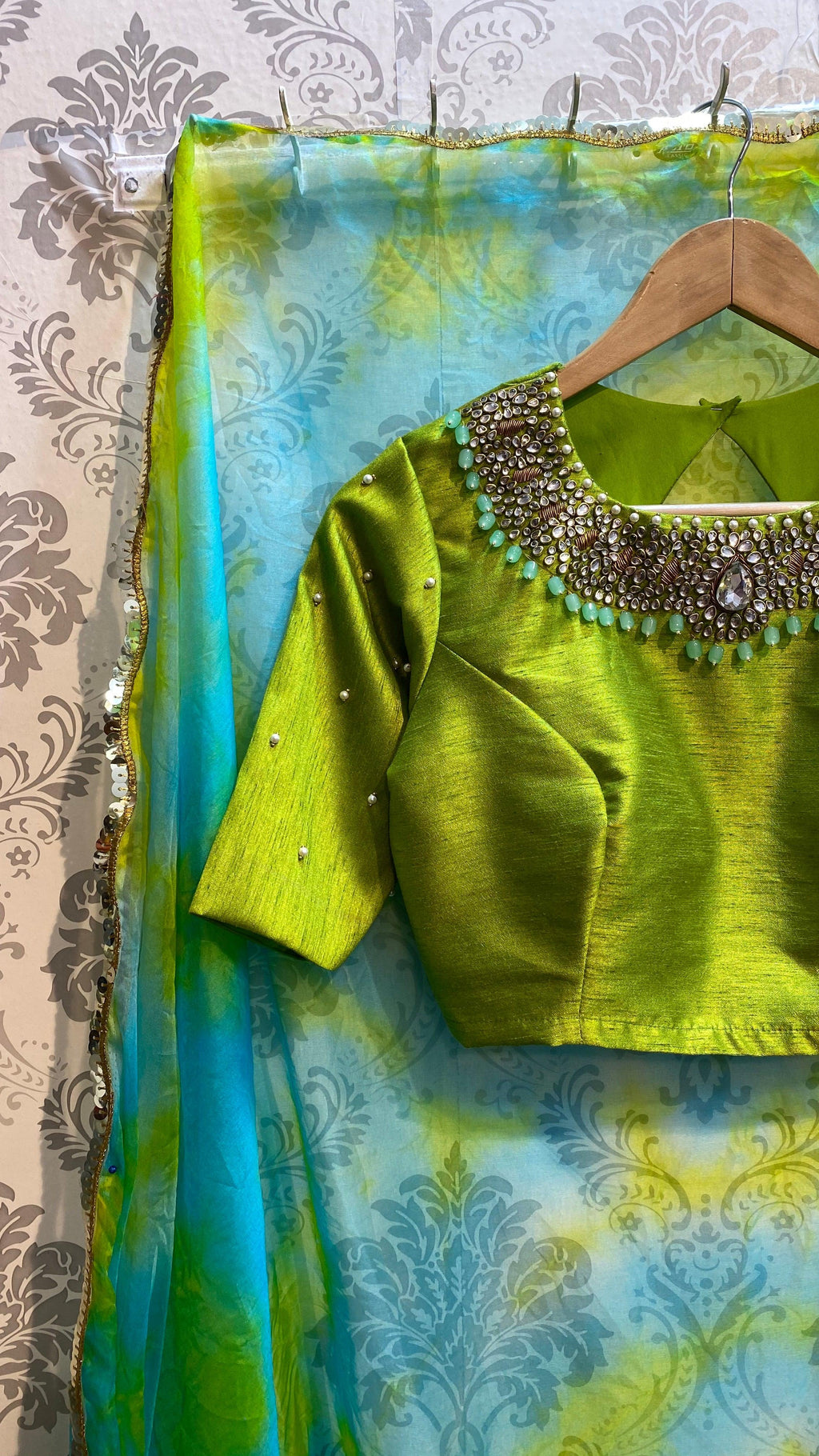 Parrot green silk blouse with Jewel Neck handworks - Threads