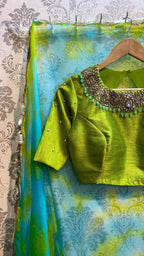 Parrot green silk blouse with Jewel Neck handworks - Threads