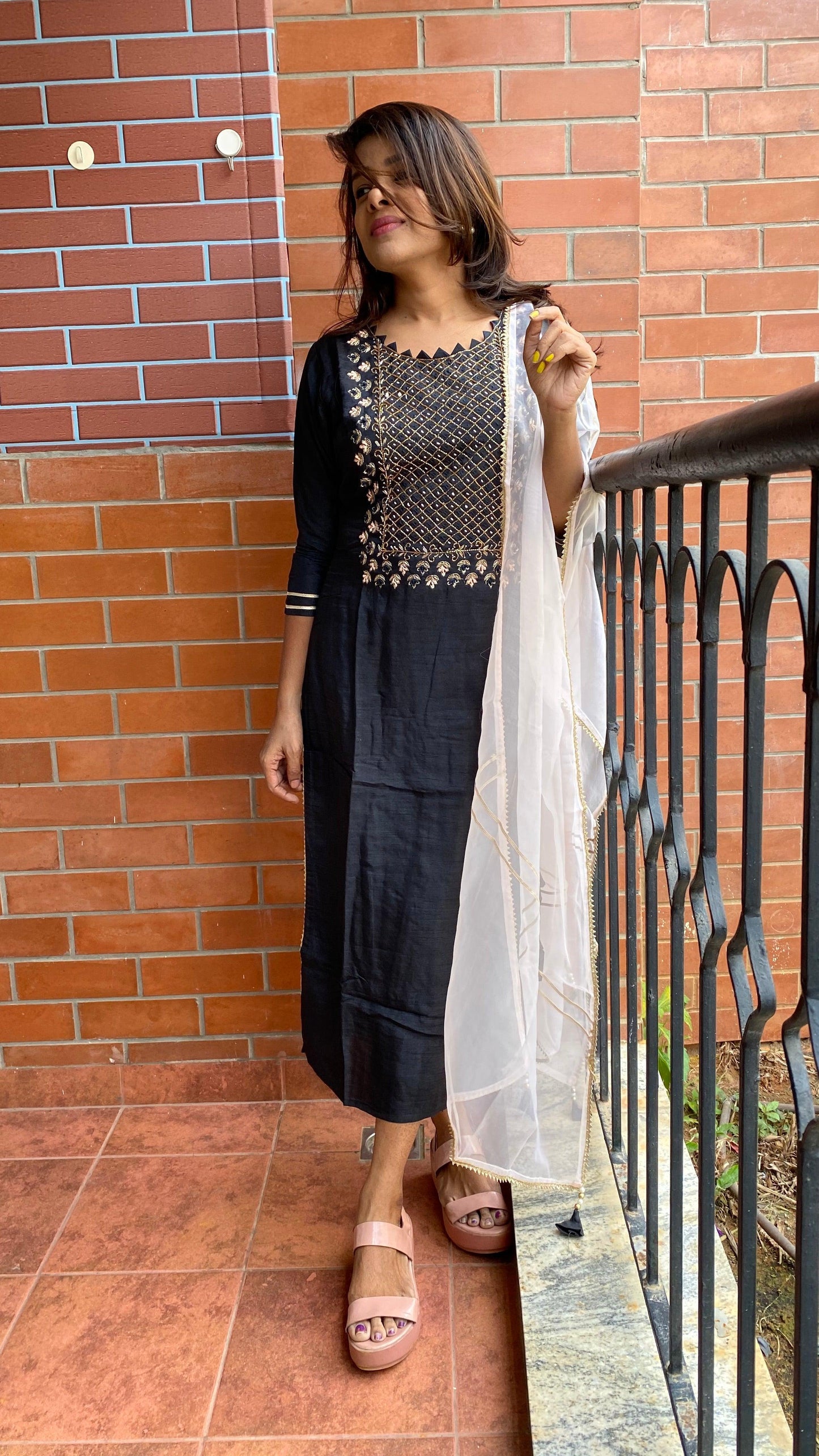 Black heavy embroidery handwork 2 piece kurti set - Threads