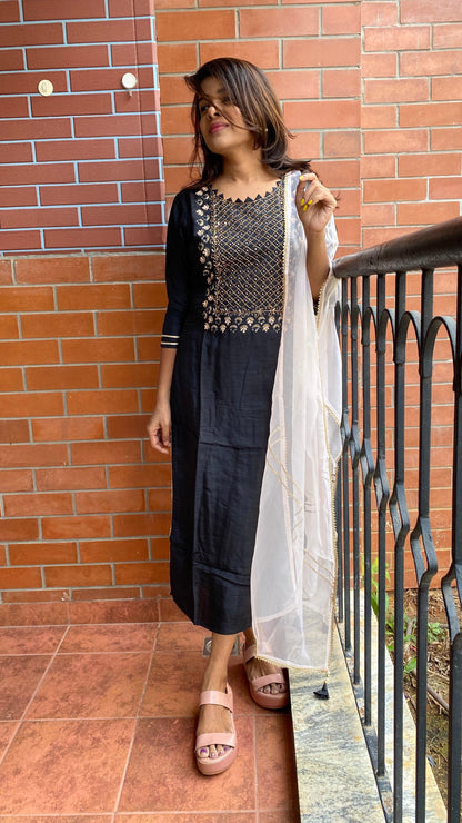 Black heavy embroidery handwork 2 piece kurti set - Threads