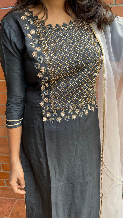 Black heavy embroidery handwork 2 piece kurti set - Threads