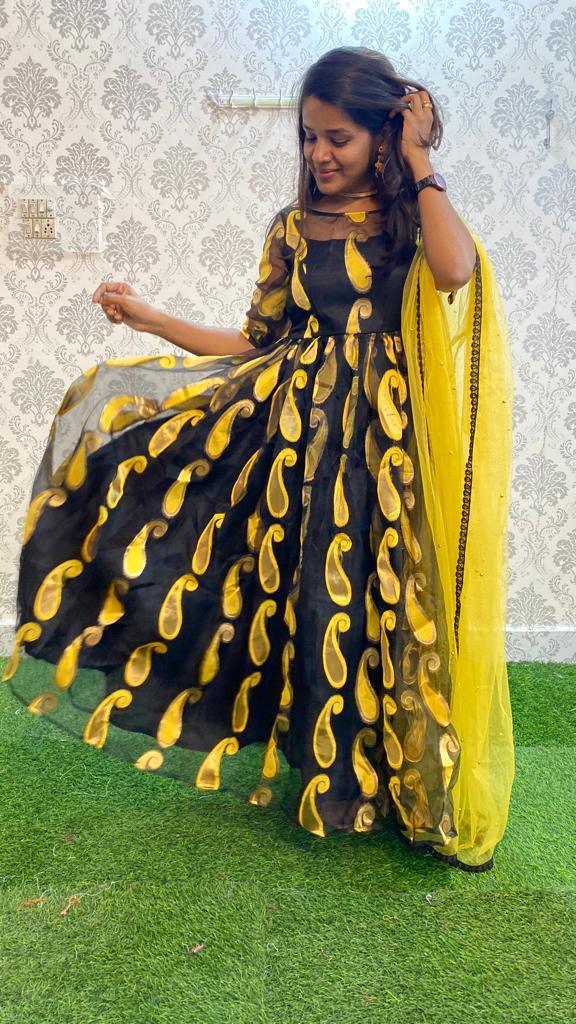 Golden yellow and black organza party wear salwar - Threads