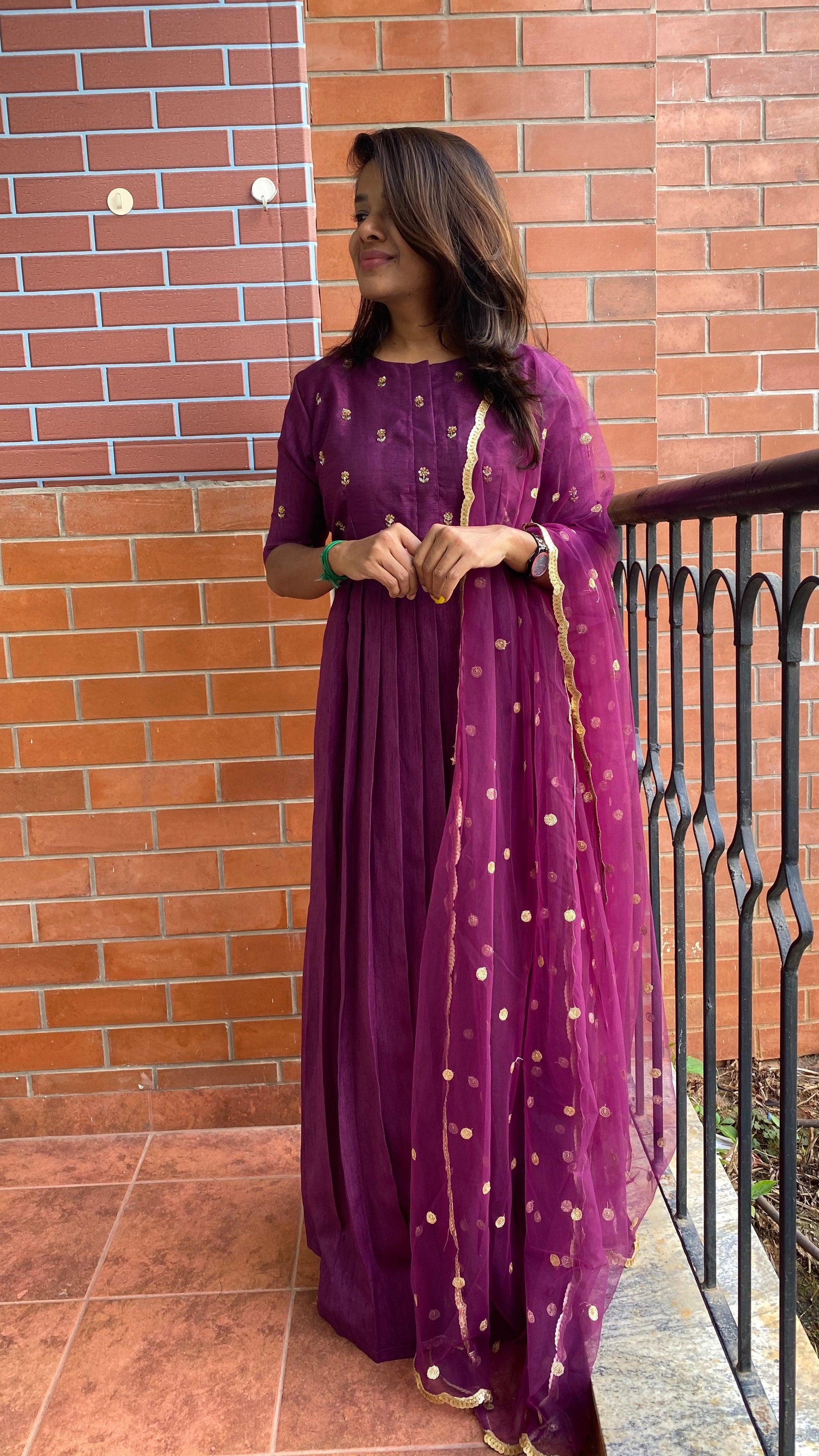 Wine silk salwar full hand worked top and sleeve worked dress - Threads