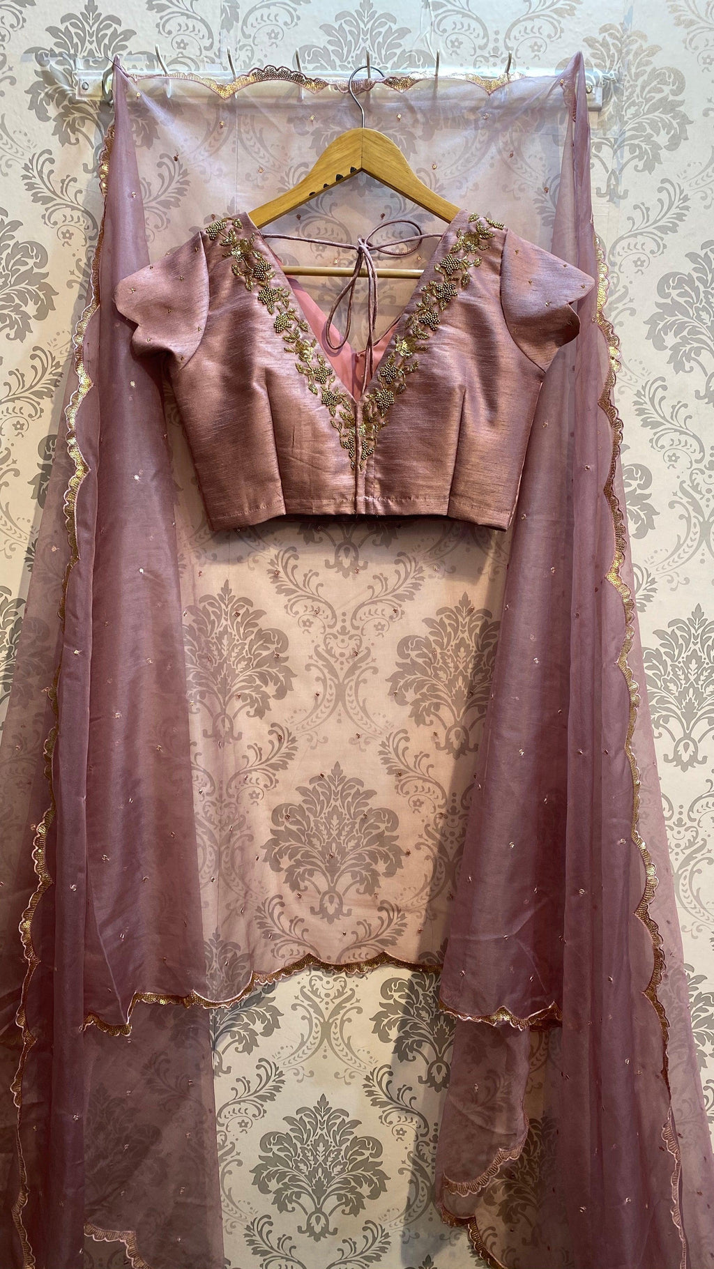 Onion pink silk heavy V shaped hand worked blouse - Threads