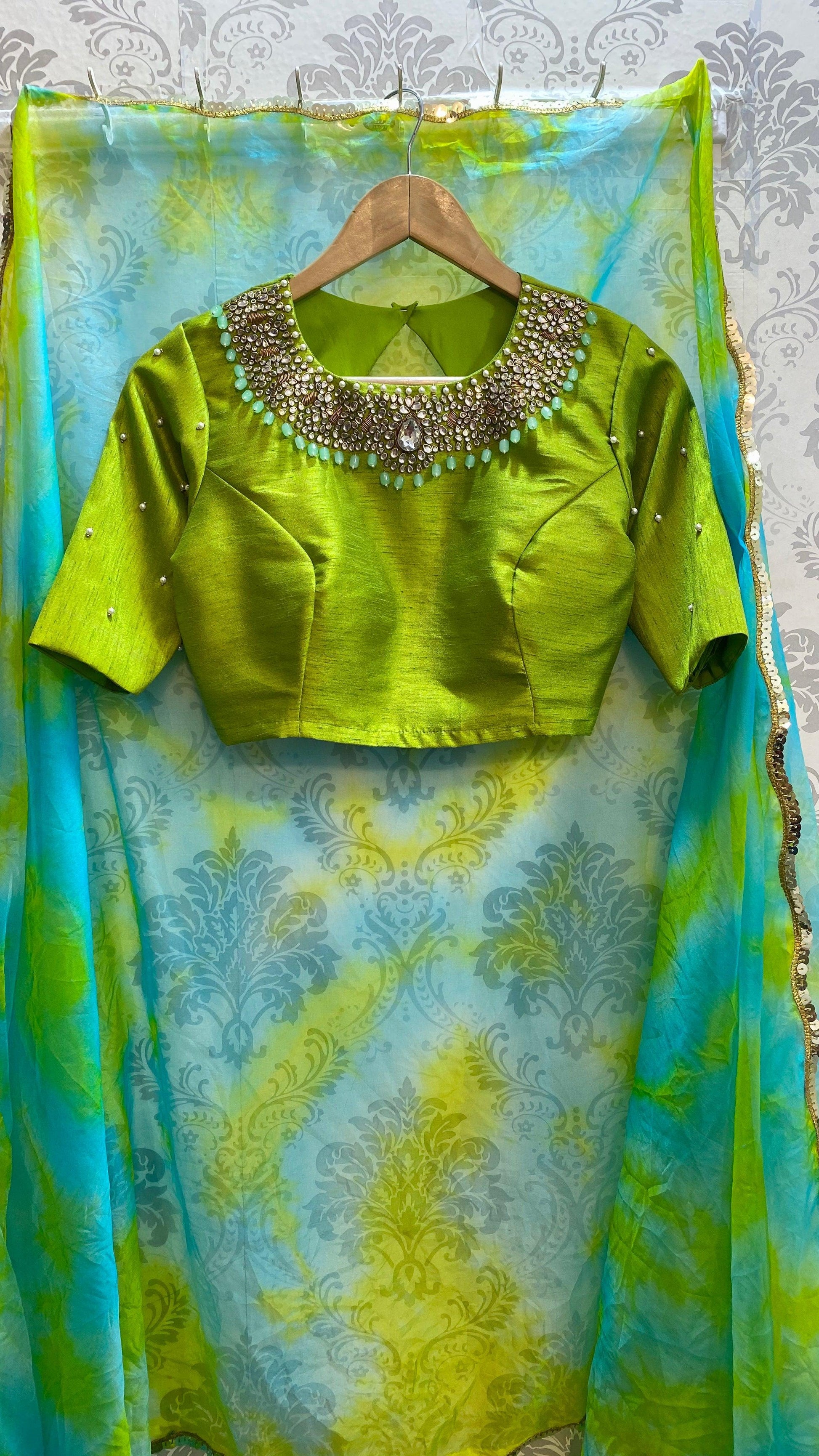 Parrot green silk blouse with Jewel Neck handworks - Threads