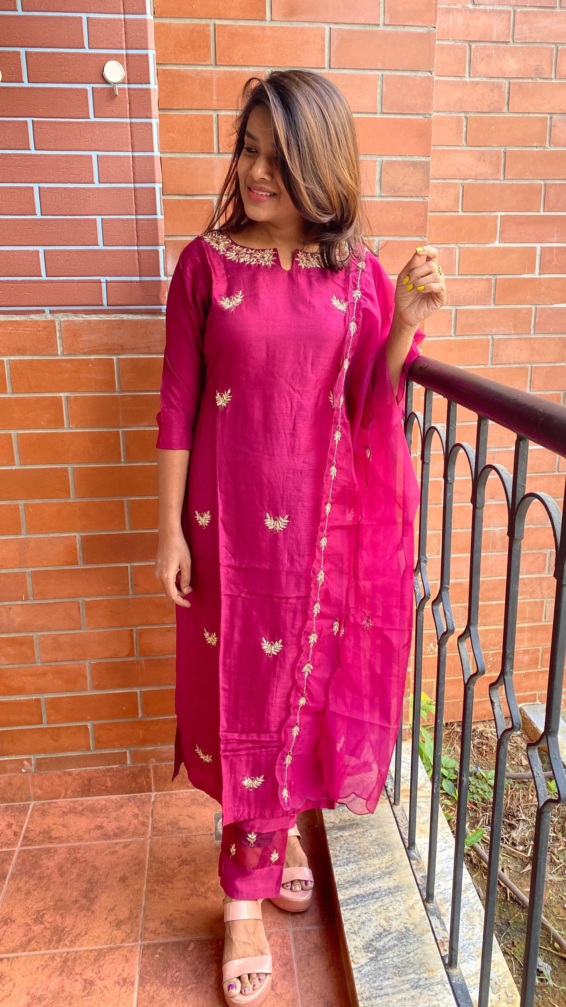Wine silk hand made embroidery kurti 3 piece set - Threads
