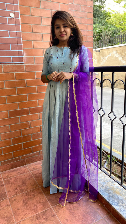 Blue Silk salwar hand worked top and a Duppata dress set - Threads