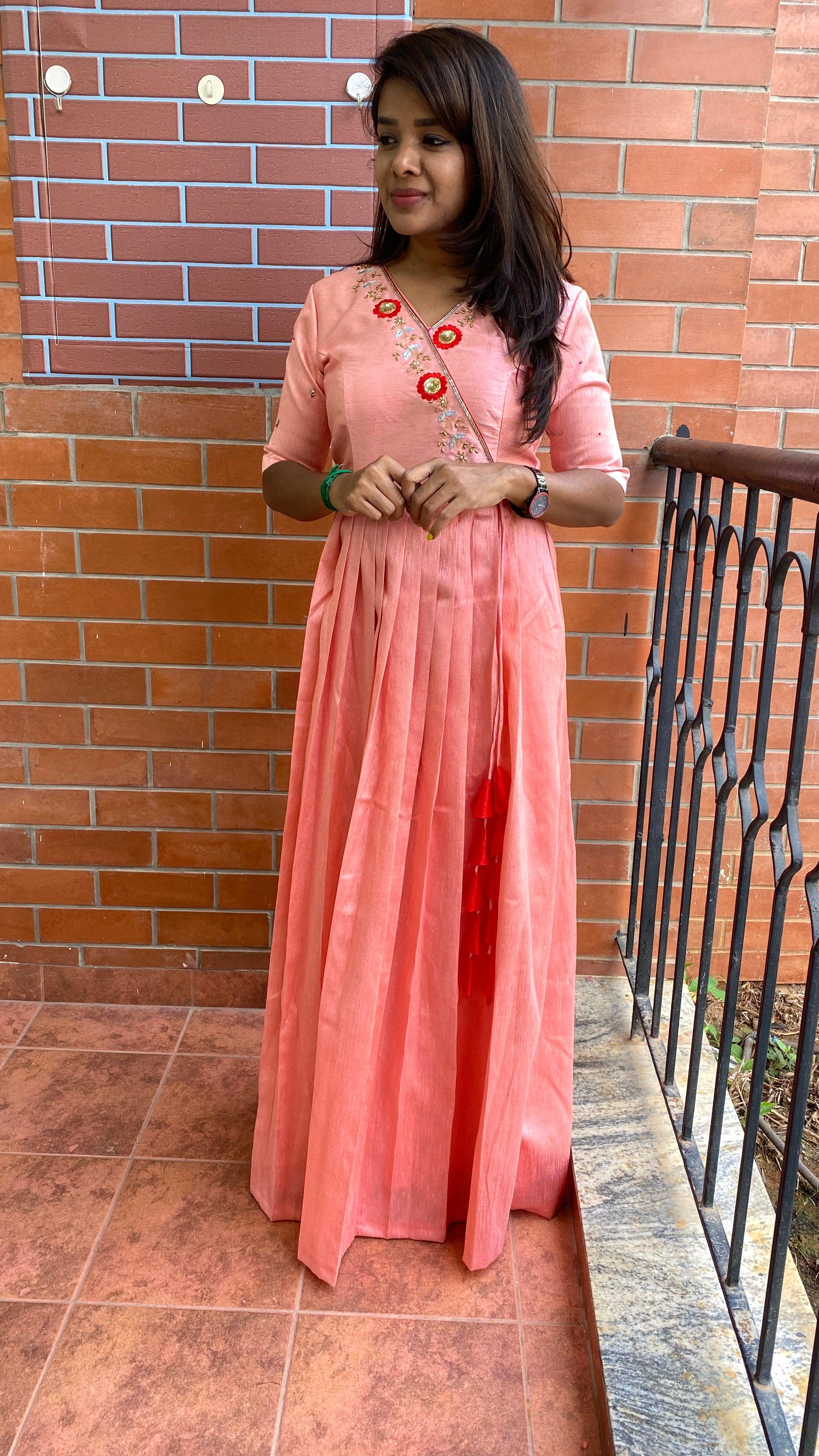 Peach silk Full handworked V neck salwar Dress - Threads
