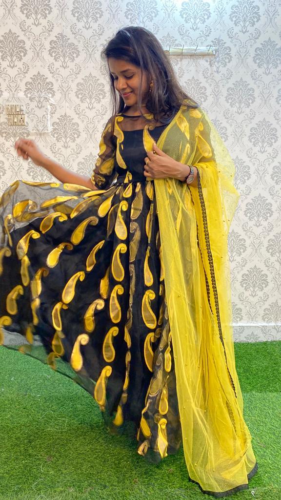Golden yellow and black organza party wear salwar - Threads