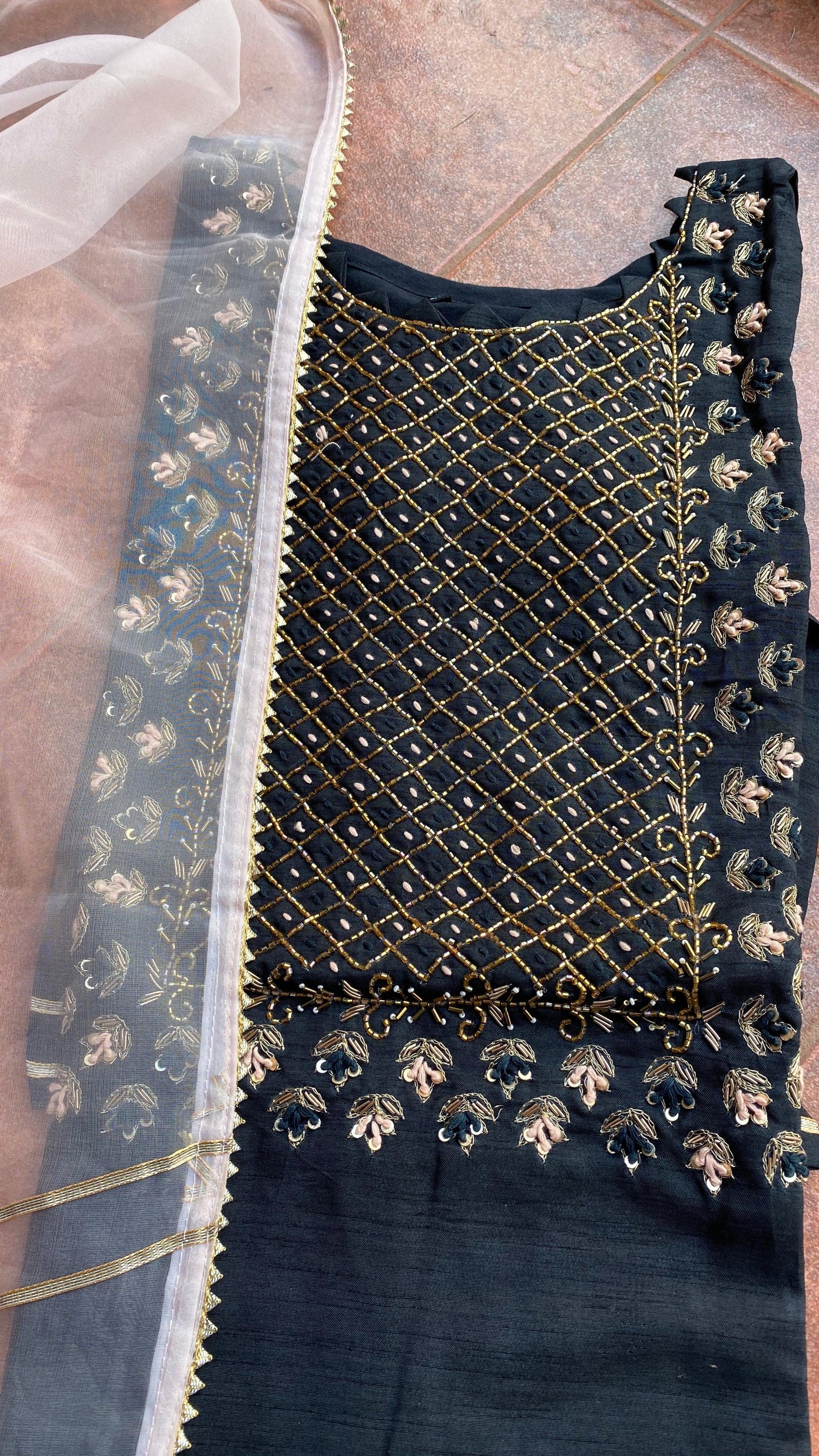 Black heavy embroidery handwork 2 piece kurti set - Threads