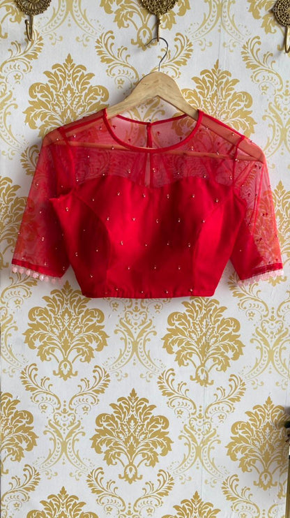 Deep red netted hand embroidery worked blouse - Threads