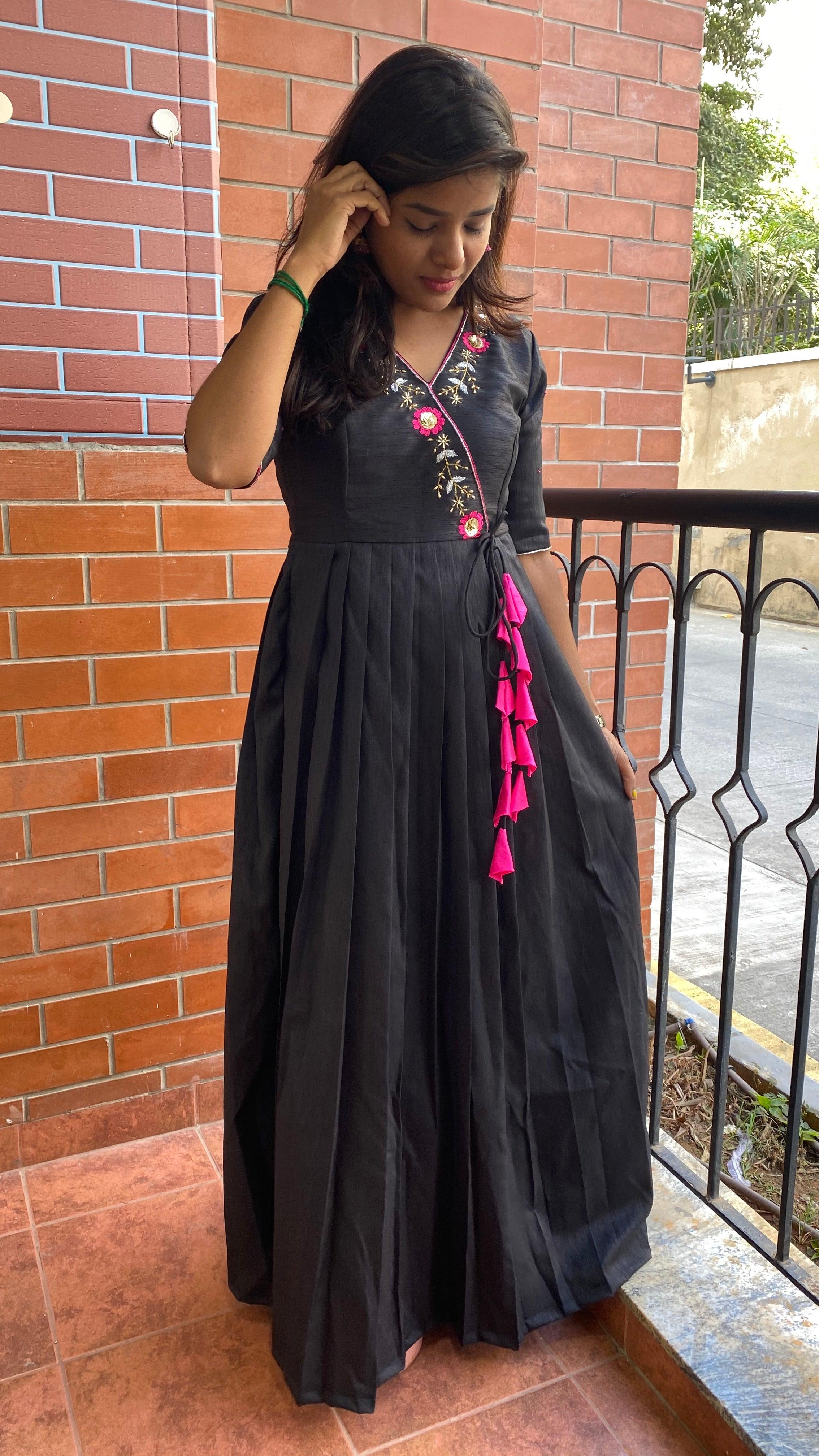 Black silk V neck handworked dress - Threads