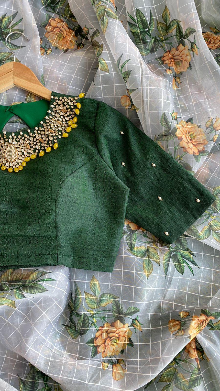 Hand worked Green Jewel Neck stitched Blouse - Threads