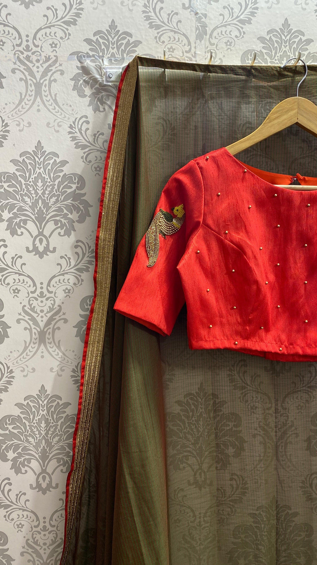 Red silk hand worked ready made blouse - Threads