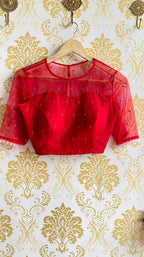 Deep red netted hand embroidery worked blouse - Threads